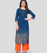 Aqua & Orange Printed Rayon Stitched Straight Women's Kurta With Palazzo Set