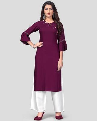 Purple & White Solid And Hand Work Rayon Stitched Straight Women's Kurta With Palazzo Set 1