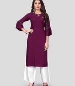 Purple & White Solid And Hand Work Rayon Stitched Straight Women's Kurta With Palazzo Set