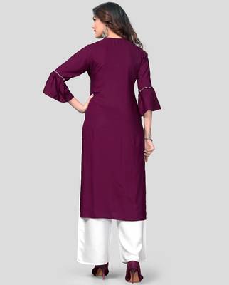 Purple & White Solid And Hand Work Rayon Stitched Straight Women's Kurta With Palazzo Set 2