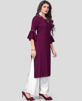 Purple & White Solid And Hand Work Rayon Stitched Straight Women's Kurta With Palazzo Set 3