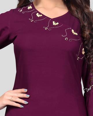 Purple & White Solid And Hand Work Rayon Stitched Straight Women's Kurta With Palazzo Set 4