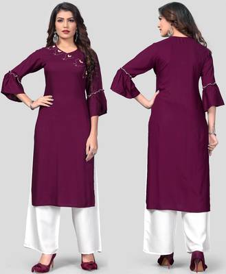 Purple & White Solid And Hand Work Rayon Stitched Straight Women's Kurta With Palazzo Set 5