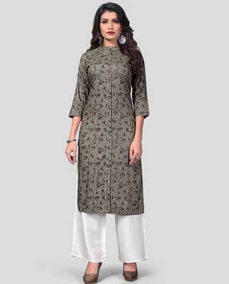 Grey & White Solid And Hand Work Rayon Stitched Straight Women's Kurta With Palazzo Set 1