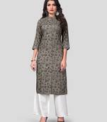 Grey & White Solid And Hand Work Rayon Stitched Straight Women's Kurta With Palazzo Set