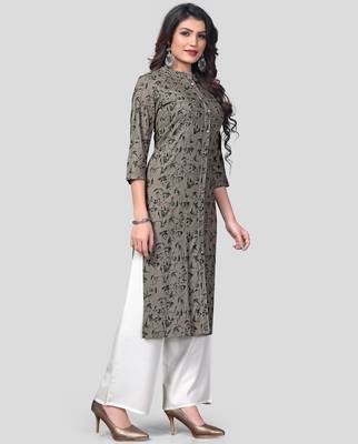 Grey & White Solid And Hand Work Rayon Stitched Straight Women's Kurta With Palazzo Set 3