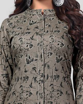 Grey & White Solid And Hand Work Rayon Stitched Straight Women's Kurta With Palazzo Set 4