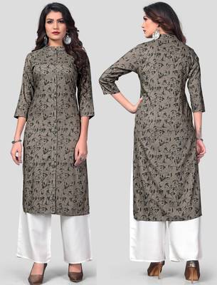 Grey & White Solid And Hand Work Rayon Stitched Straight Women's Kurta With Palazzo Set 5