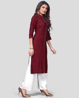 Dark Purple & White Printed Rayon Stitched Straight Women's Kurta With Palazzo Set 1