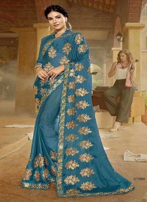 Turquoise Embroidered Georgette Saree With Blouse 1