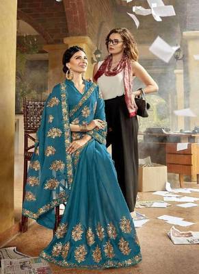 Turquoise Embroidered Georgette Saree With Blouse 2