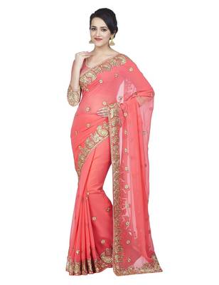Neo Pink Embriodered Faux Georgette Saree With Blouse Piece. 1