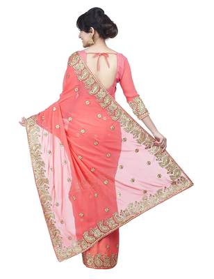Neo Pink Embriodered Faux Georgette Saree With Blouse Piece. 2