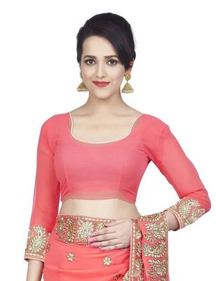 Neo Pink Embriodered Faux Georgette Saree With Blouse Piece. 3