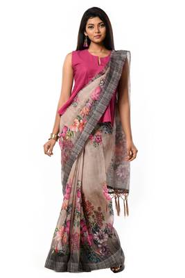 Crème and Grey Pink Linen Printed Exuberance 1