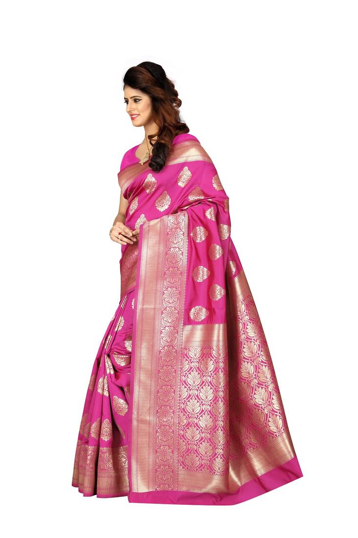 Pink Banarsi Woven Saree With Blouse Piece.