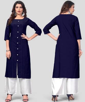 Blue & White Hand Work Cotton Stitched Straight Women's Kurta With Palazzo Set 1