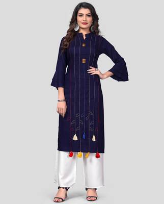 Blue & White Hand Work Rayon Stitched Straight Women's Kurta With Palazzo Set 1