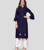 Blue & White Hand Work Rayon Stitched Straight Women's Kurta With Palazzo Set