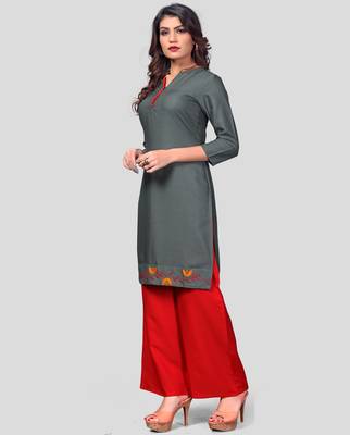 Grey & Red Embroidered Rayon Stitched Straight Women's Kurta With Palazzo Set 1