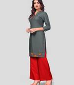 Grey & Red Embroidered Rayon Stitched Straight Women's Kurta With Palazzo Set