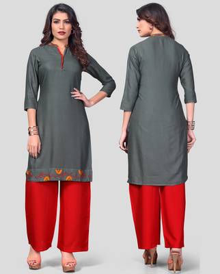 Grey & Red Embroidered Rayon Stitched Straight Women's Kurta With Palazzo Set 2