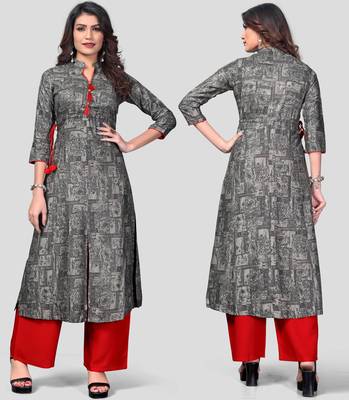 Grey & Red Printed Rayon Stitched A-Line Women's Kurta With Palazzo Set 1
