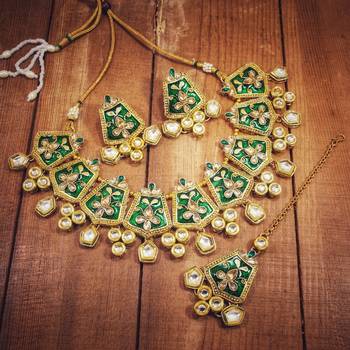 Gold Plated Kundan Meenakari Bridal Necklace Set with Earrings & Maang Tikka for Women  1