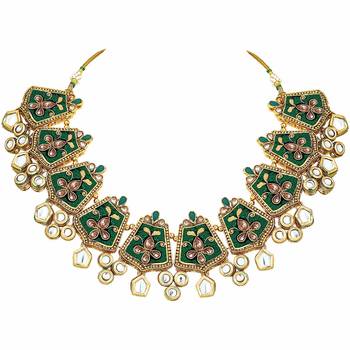 Gold Plated Kundan Meenakari Bridal Necklace Set with Earrings & Maang Tikka for Women  2