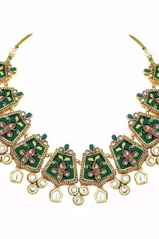Gold Plated Kundan Meenakari Bridal Necklace Set with Earrings & Maang Tikka for Women 
