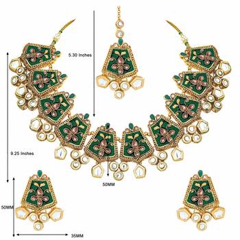 Gold Plated Kundan Meenakari Bridal Necklace Set with Earrings & Maang Tikka for Women  3