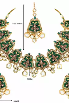 Gold Plated Kundan Meenakari Bridal Necklace Set with Earrings & Maang Tikka for Women 