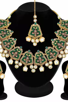 Gold Plated Kundan Meenakari Bridal Necklace Set with Earrings & Maang Tikka for Women 