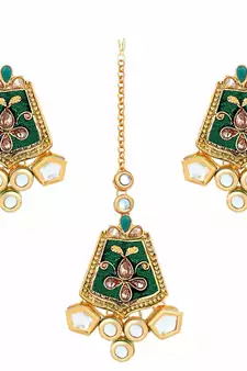 Gold Plated Kundan Meenakari Bridal Necklace Set with Earrings & Maang Tikka for Women 