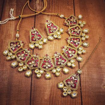 Gold Plated Kundan Meenakari Bridal Necklace Set with Earrings & Maang Tikka for Women  1