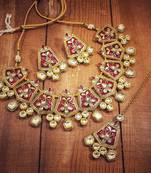 Gold Plated Kundan Meenakari Bridal Necklace Set with Earrings & Maang Tikka for Women 