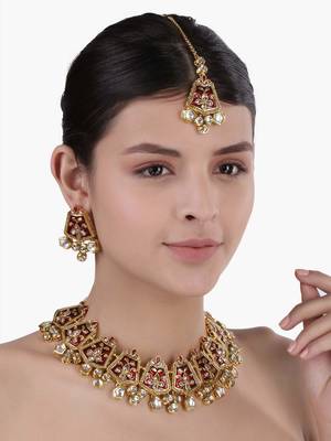 Gold Plated Kundan Meenakari Bridal Necklace Set with Earrings & Maang Tikka for Women  2