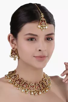 Gold Plated Kundan Meenakari Bridal Necklace Set with Earrings & Maang Tikka for Women 