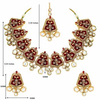Gold Plated Kundan Meenakari Bridal Necklace Set with Earrings & Maang Tikka for Women  3