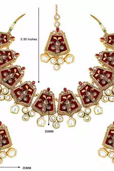 Gold Plated Kundan Meenakari Bridal Necklace Set with Earrings & Maang Tikka for Women 