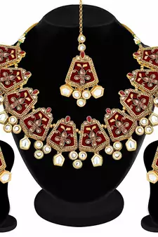Gold Plated Kundan Meenakari Bridal Necklace Set with Earrings & Maang Tikka for Women 
