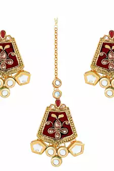 Gold Plated Kundan Meenakari Bridal Necklace Set with Earrings & Maang Tikka for Women 