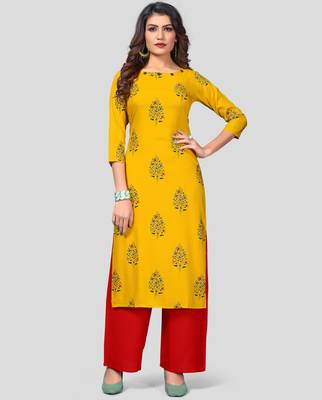 Yellow & Red Printed Rayon Stitched Straight Women's Kurta With Palazzo Set 1