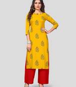 Yellow & Red Printed Rayon Stitched Straight Women's Kurta With Palazzo Set