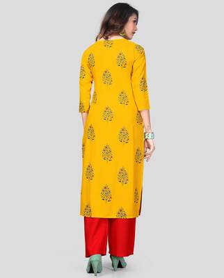 Yellow & Red Printed Rayon Stitched Straight Women's Kurta With Palazzo Set 2