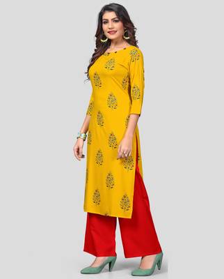 Yellow & Red Printed Rayon Stitched Straight Women's Kurta With Palazzo Set 3