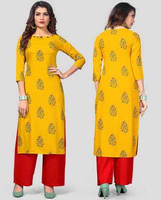 Yellow & Red Printed Rayon Stitched Straight Women's Kurta With Palazzo Set 5