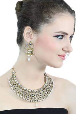 18K Gold Plated Traditional Kundan Choker Necklace With Earrings Set (K7059W) 2