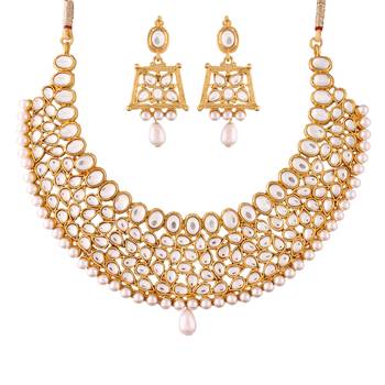 18K Gold Plated Traditional Kundan Choker Necklace With Earrings Set (K7059W) 3