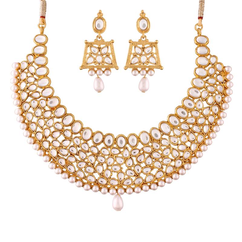 18K Gold Plated Traditional Kundan Choker Necklace With Earrings Set (K7059W)